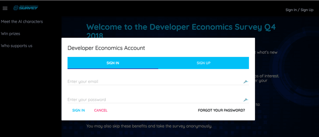 developer economics survey, developer economics q4 2018, signup feature, survey signup, survey account, developer economics community